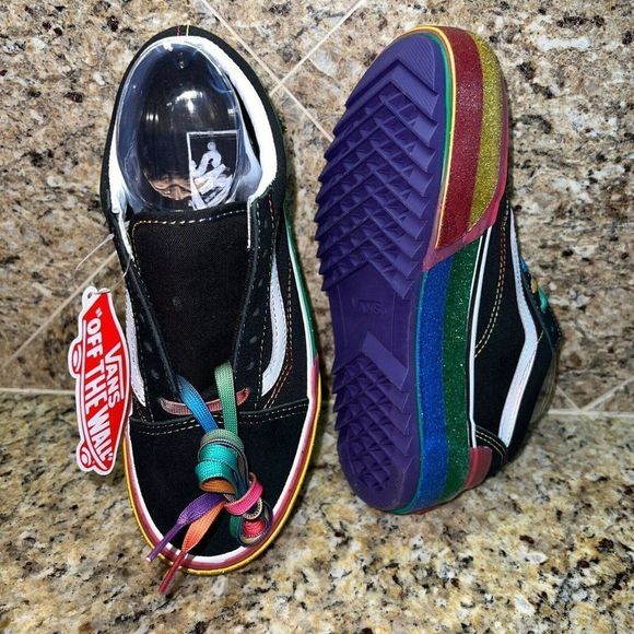 PRIDE VANS Old Skool Stacked Glitter Black Rainbow Sneakers VN0A4U15WW1 - Picture 7 of 8